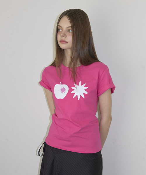 Apple Print Short Sleeve T-Shirt (3color)_Hot Pink