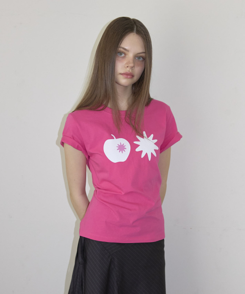 Apple Print Short Sleeve T-Shirt (3color)_Hot Pink