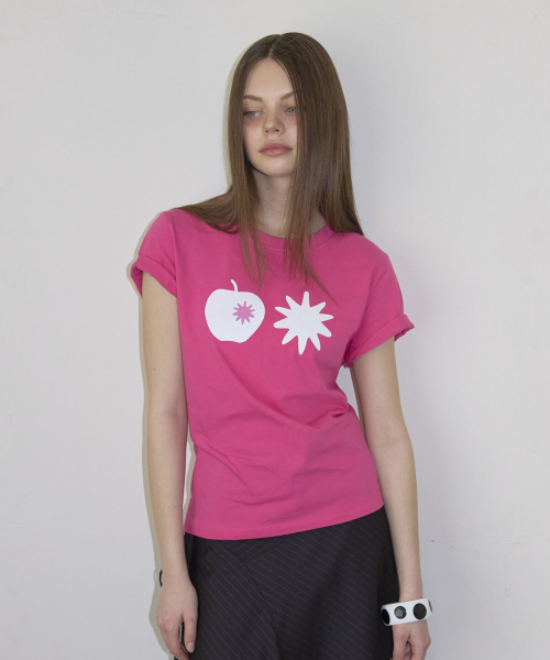 Apple Print Short Sleeve T-Shirt (3color)_Hot Pink