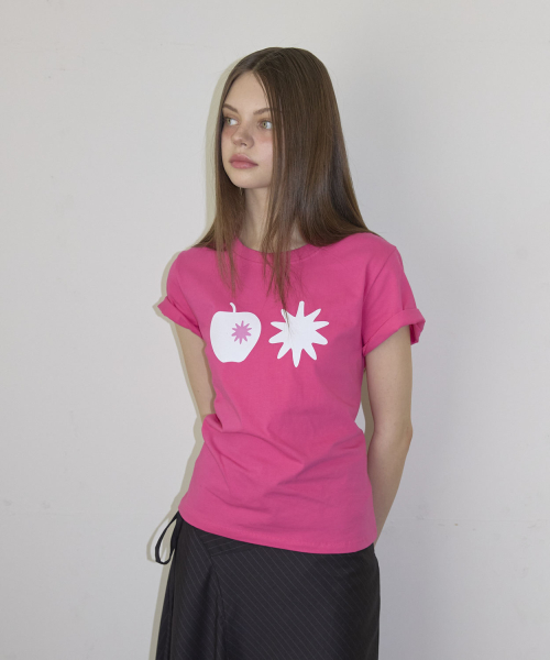 Apple Print Short Sleeve T-Shirt (3color)_Hot Pink