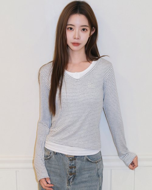 STRIPE OVERLAB LONG SLEEVE [GRAY]