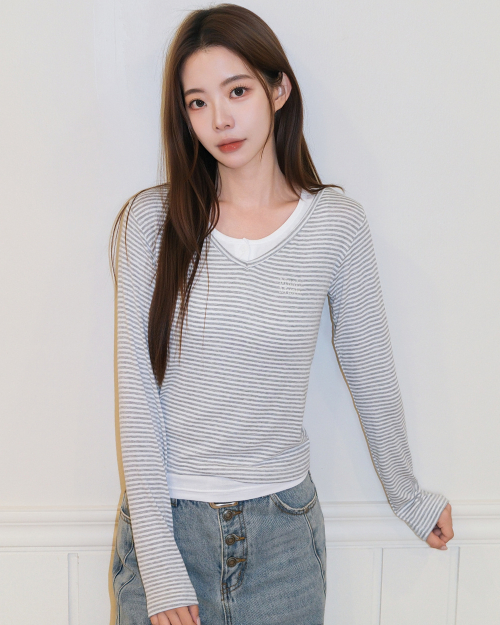 STRIPE OVERLAB LONG SLEEVE [GRAY]