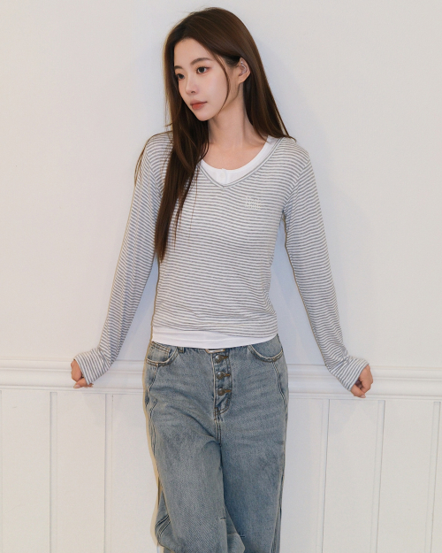 STRIPE OVERLAB LONG SLEEVE [GRAY]