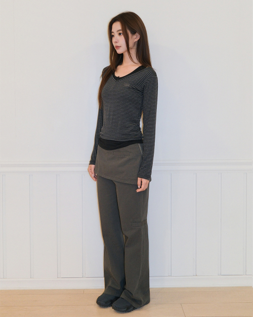 STRIPE OVERLAB LONG SLEEVE [CHARCOAL]