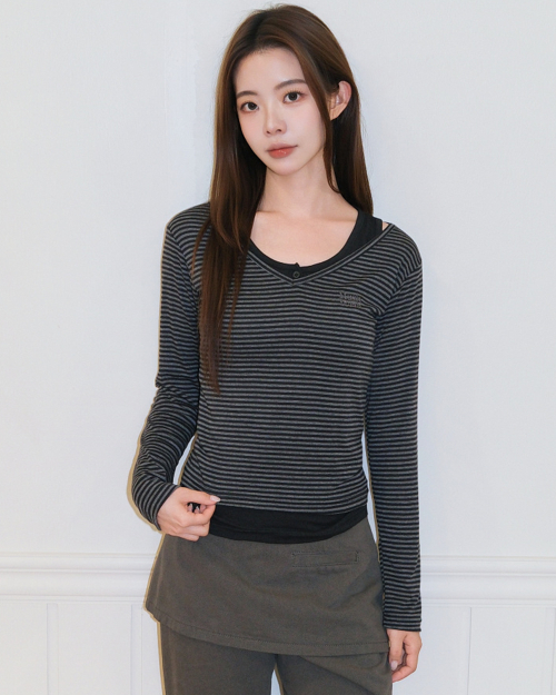 STRIPE OVERLAB LONG SLEEVE [CHARCOAL]