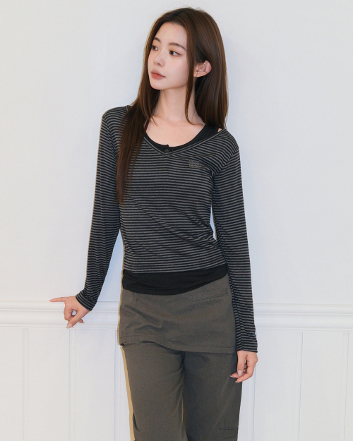 STRIPE OVERLAB LONG SLEEVE [CHARCOAL]