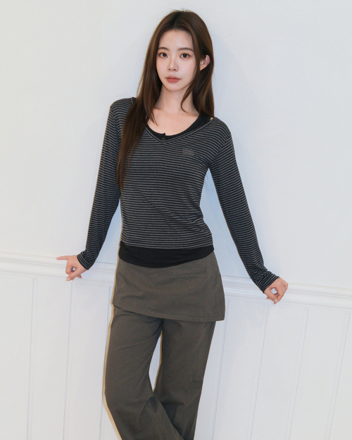 STRIPE OVERLAB LONG SLEEVE [CHARCOAL]