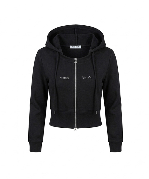 LOGO ROUND CROP HOOD ZIPUP [BLACK]