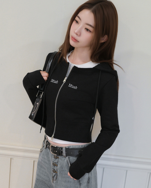 LOGO ROUND CROP HOOD ZIPUP [BLACK]
