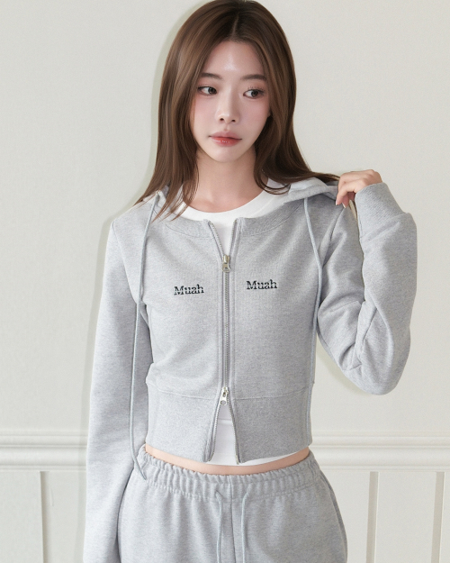 LOGO ROUND CROP HOOD ZIPUP [GRAY]