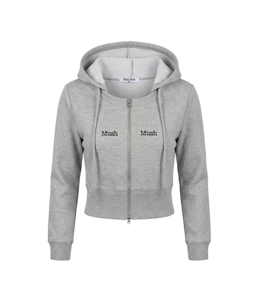 LOGO ROUND CROP HOOD ZIPUP [GRAY]