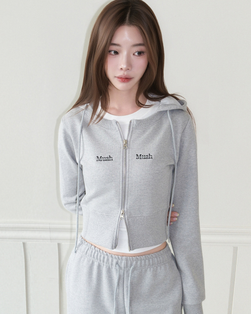 [SET] ROUND CROP HOODZIPUP BANDING PANTS [GRAY]