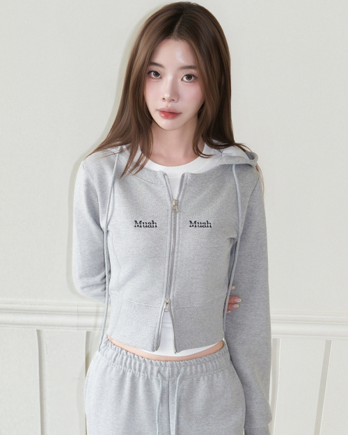 [SET] ROUND CROP HOODZIPUP BANDING PANTS [GRAY]