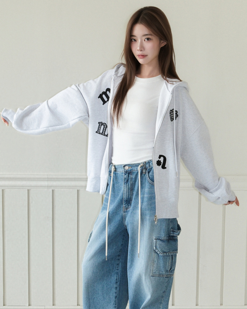 CHECK FLOWER PATCH OVERFIT HOOD ZIPUP [WHITE MELANGE]