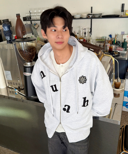 CHECK FLOWER PATCH OVERFIT HOOD ZIPUP [WHITE MELANGE]
