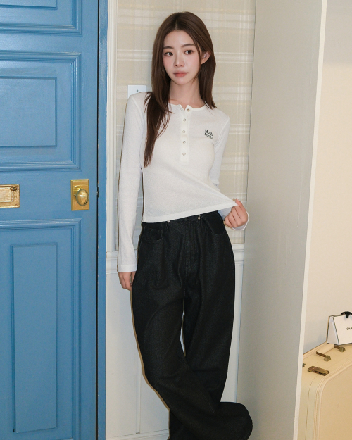 WAFFLE HENLEY NECK LONG SLEEVE [WHITE]