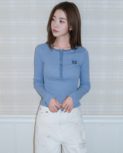 WAFFLE HENLEY NECK LONG SLEEVE [BLUE]