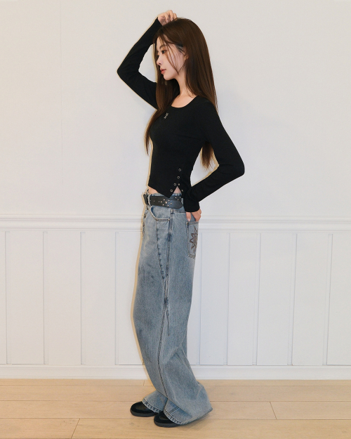 SLIT BUTTON ROUND LONG SLEEVE [BLACK]