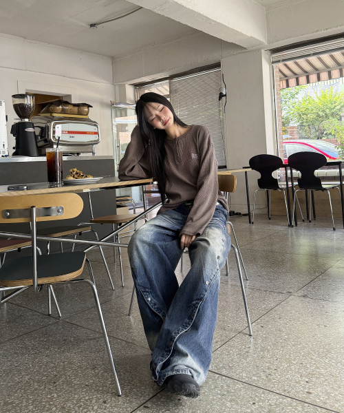 WAFFLE PIGMENT HENLEY NECK LONG SLEEVE [BROWN]