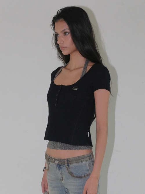 HALTER LAYERED SHORT SLEEVE SET [BLACK]