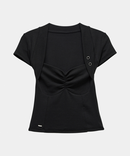 Shirring Eyelet Bolero Top (Black)