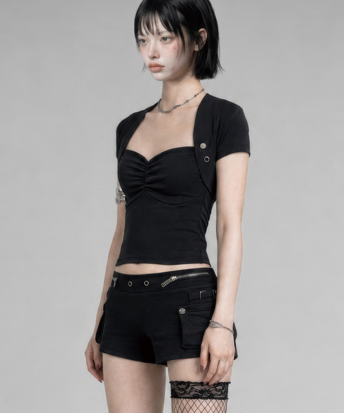 Shirring Eyelet Bolero Top (Black)