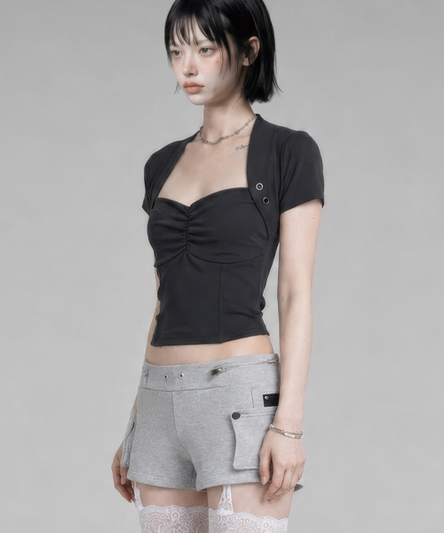 Shirring Eyelet Bolero top (Dark Gray)