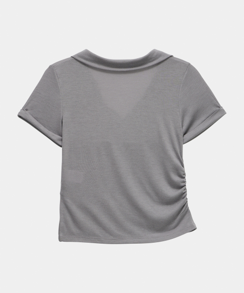 Rib Collar Roll up Shirring Top (Gray)
