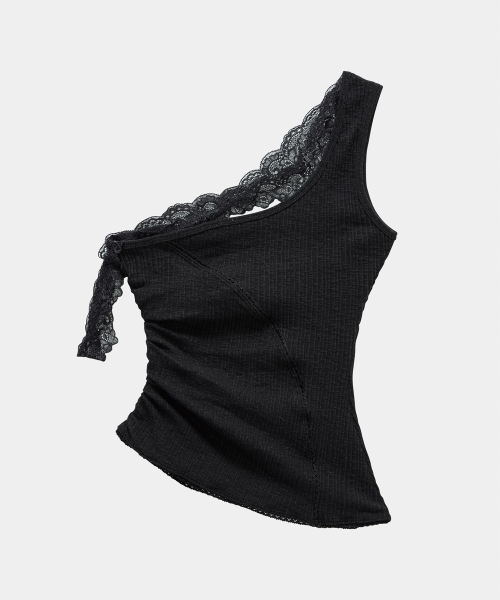 Lace One-Shoulder Shirring Top (Black)