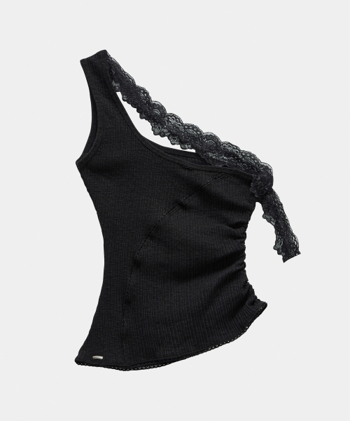 Lace One-Shoulder Shirring Top (Black)