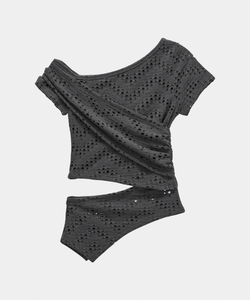Hole Knit Layered Side Slit Top (Charcoal)