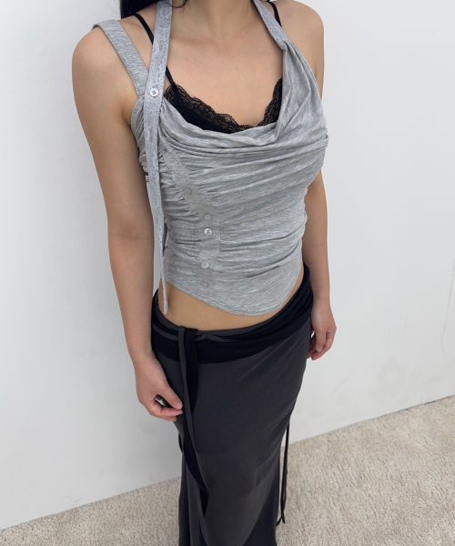 Hush Button Halter Sleeveless Top (Melange Grey)