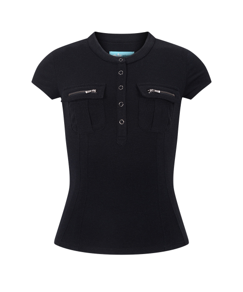 Pansy Pocket Button Short Sleeve Top (Black)