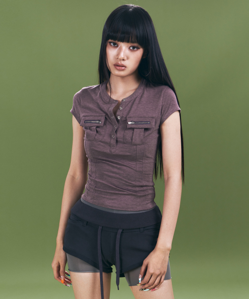 Pansy Pocket Button Short Sleeve Top (Vintage Purple)