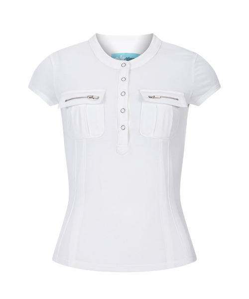 Pansy Pocket Button Short Sleeve Top (White)