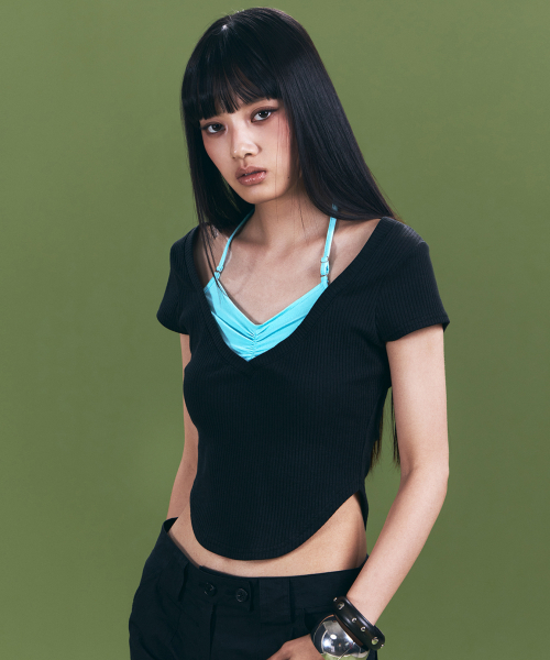 Zeline Layered Short Sleeve Top (Black)