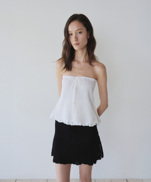 LAYERED RUFFLE KNIT MINI SKIRT, BLACK