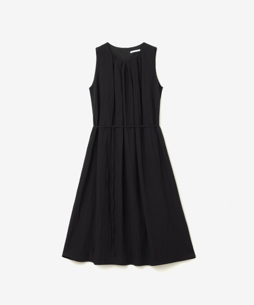 SHIRRING LONG SLEEVELESS DRESS, BLACK