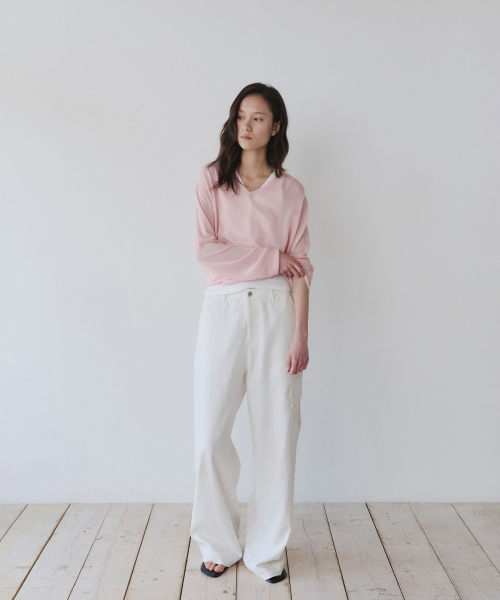 LIGHT LINEN V-NECK SUMMER KNIT, POWDER PINK