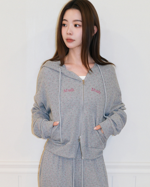 FLOWER WAFFLE HOOD ZIPUP [GRAY]