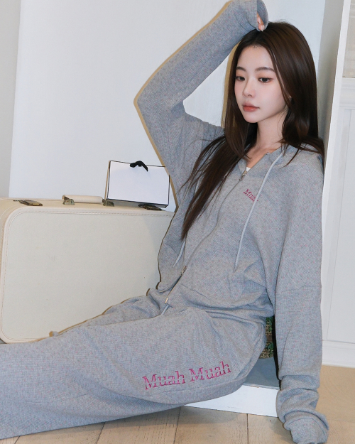 FLOWER WAFFLE HOOD ZIPUP [GRAY]