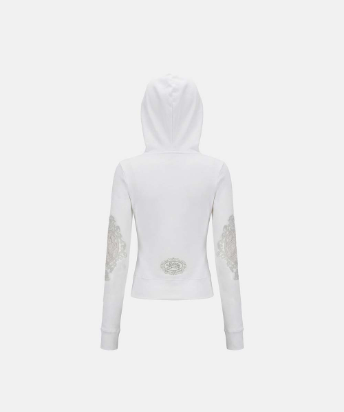 H.B.B. Royal Lace Rhinestone Hood Zip-Up - White