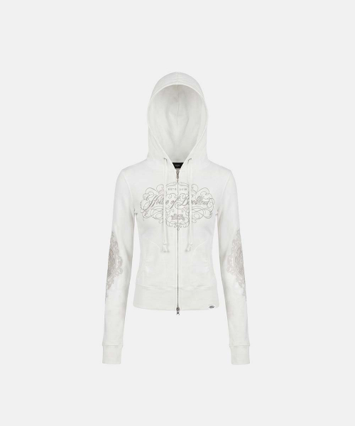 H.B.B. Royal Lace Rhinestone Hood Zip-Up - White