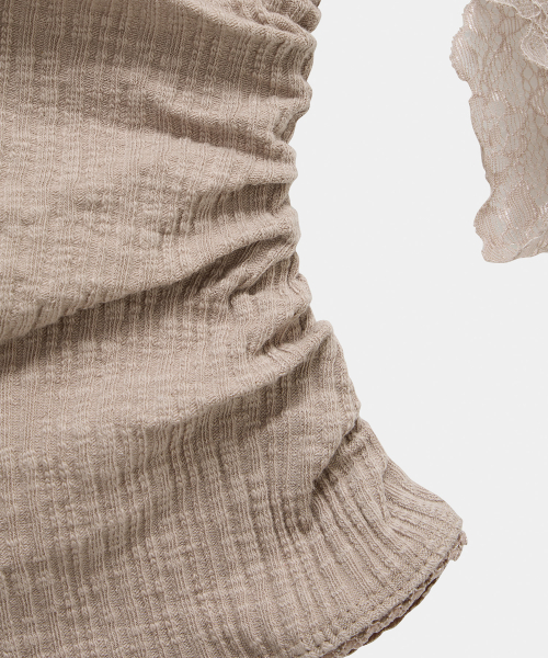 Lace One-Shoulder Shirring Top (Beige)