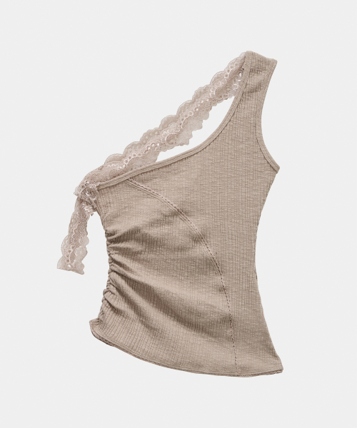 Lace One-Shoulder Shirring Top (Beige)