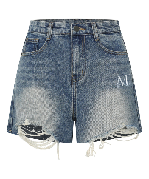 RUNE WASHING DAMAGE DENIM SHORT PANTS