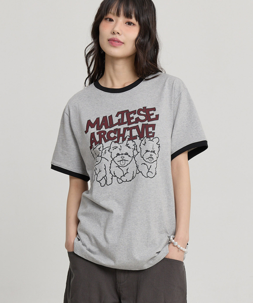 Maltese Archive Line Graphic Ringer Half Sleeve T-shirt GREY