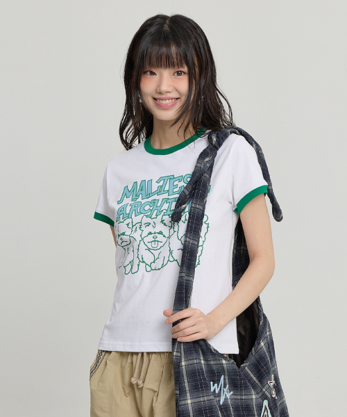 Maltese Archive Line Graphic Ringer Half Sleeve T-shirt WHITE