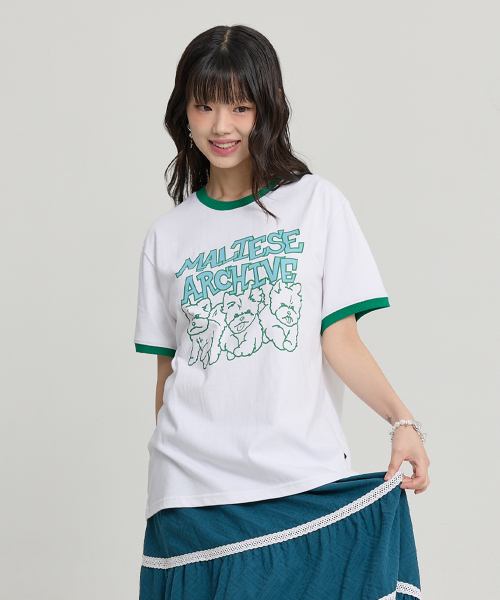 Maltese Archive Line Graphic Ringer Half Sleeve T-shirt WHITE