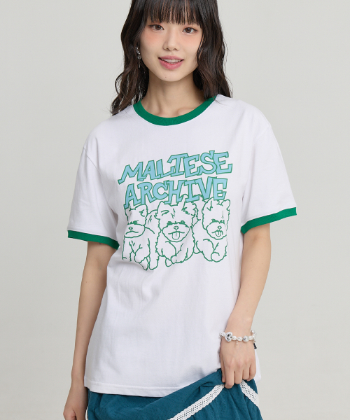 Maltese Archive Line Graphic Ringer Half Sleeve T-shirt WHITE